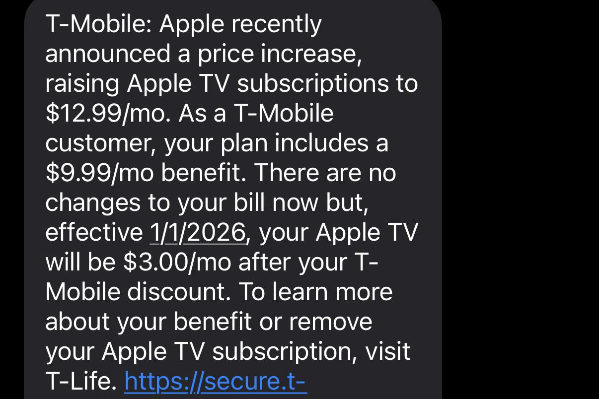 Text from T-Mobile informing customers of change in Apple TV On Us pricing